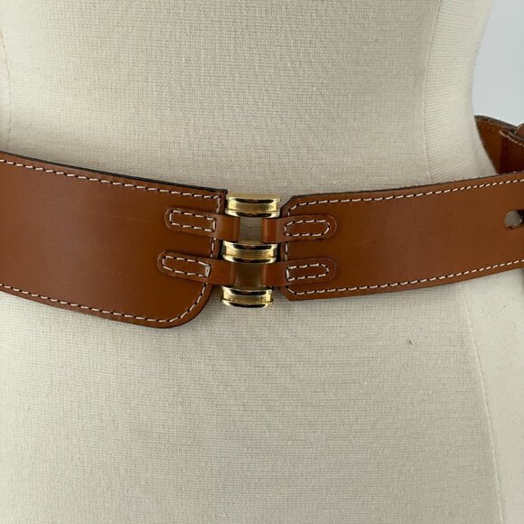 Luggage Tan Waist Belt Bold Gold Tone Buckle Made in Italy Women\'s Size Medium main image 4